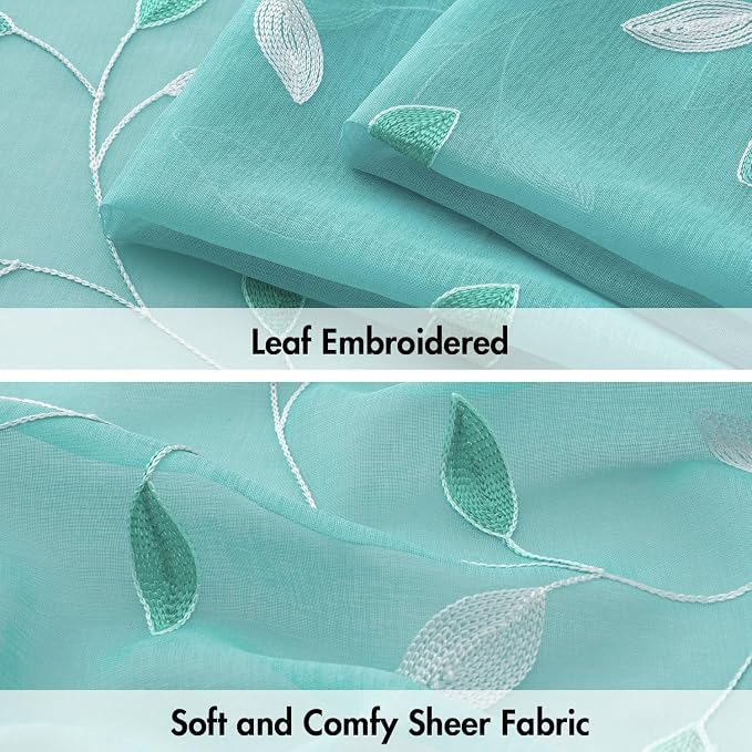 MIULEE Turquoise Sheer Curtains 2 Panels Leaf Patterned, W52 x L84 | - Image 4
