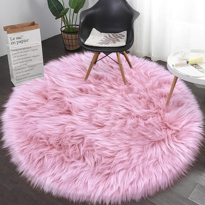 Pink 5'X5' High Pile Shag Rug, Fluffy Round Rug by TENNOLA
