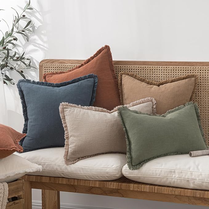 MIULEE Boho Natural Linen Fringe Decorative Euro Throw Pillow Covers 28x28 | - Image 6