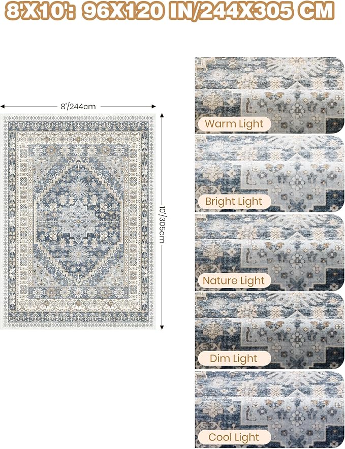 Washable Rugs 8x10 Area Rugs for Living Room, Vintage Floral Bedroom Rugs - Image 2