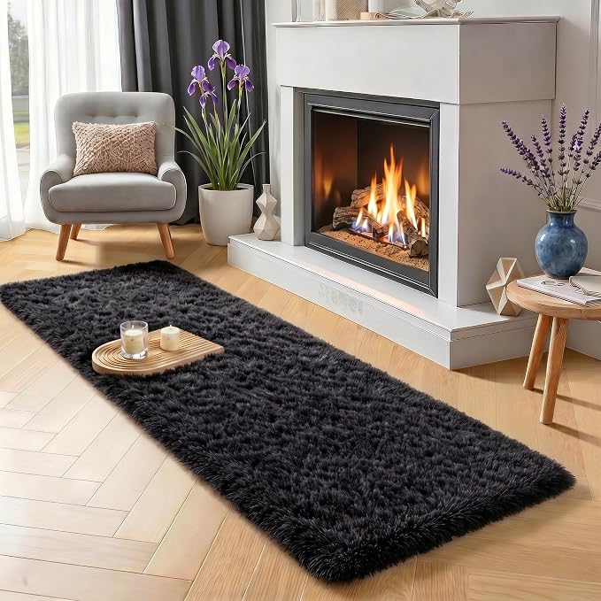 Black Runner Rugs for Bedroom, Living Room 2x6 Small Plush Fluffy Boys Rug | by PAGISOFE