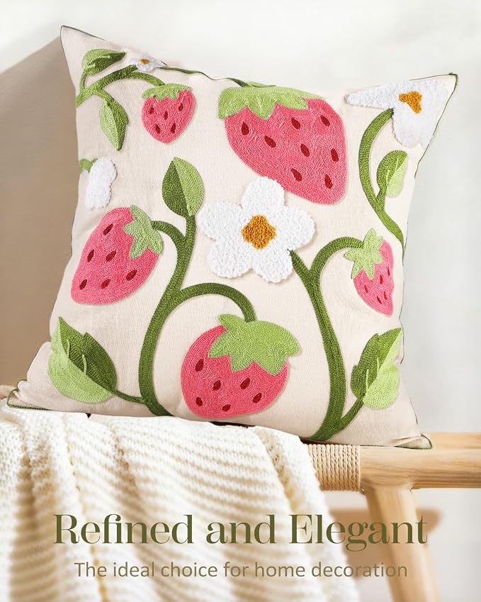 Embroidered Throw Pillow Cover 18x18 Inch, Branch Strawberry | Decorative - Image 5