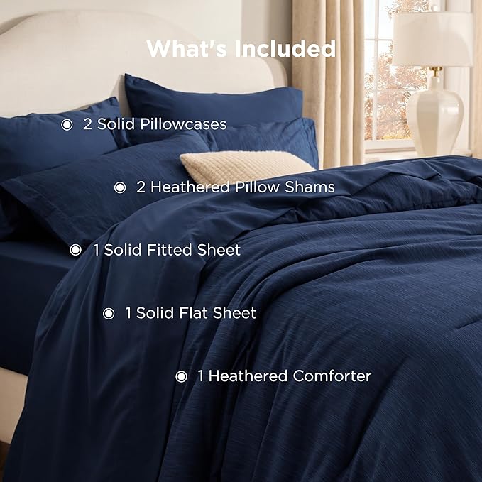 Bedsure Queen Comforter Set Navy - Bed in a Bag Queen Size Bedding 7 Pieces, Cationic Dyed Bed Set Gift for Family, Navy Soft Bedding for All Seasons Comforter with Sheets, Pillowcases & Shams