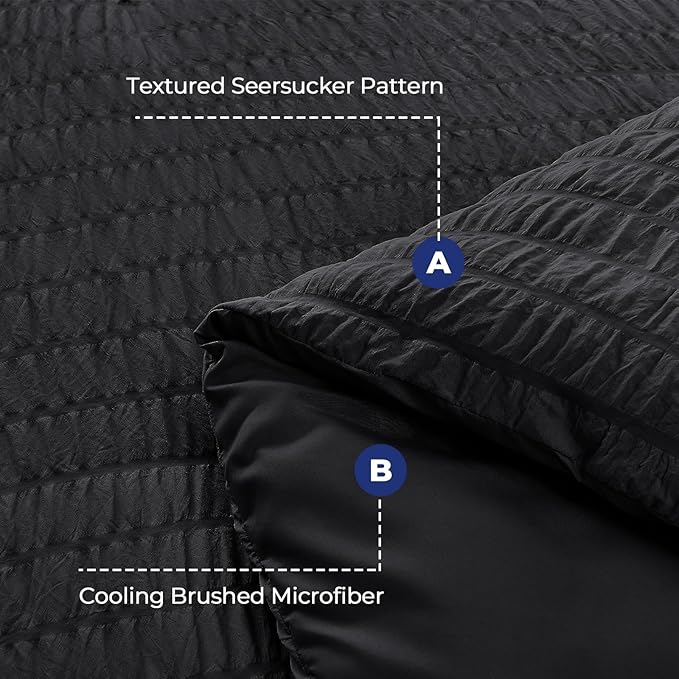 HYMOKEGE Black Queen Comforter Set Seersucker 7 Pieces, All Season Luxury Bed in a Bag for Bedroom, Bedding Set with Comforters, Sheets, Pillowcases & Shams