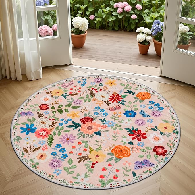 PLHXFR Round Area Rug Living Room: 4 ft Floral Washable Soft Carpet Beige | - Image 2