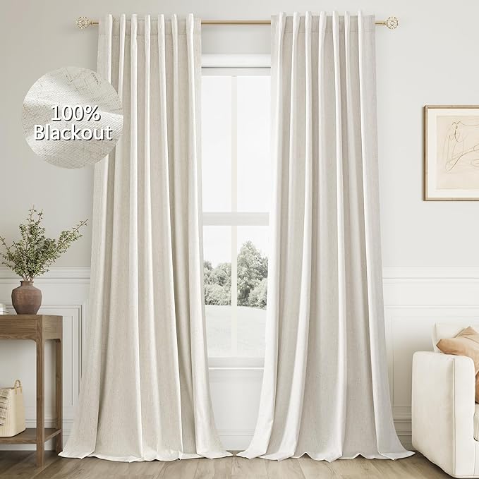 Cream 100% Blackout Linen Curtains 96 Inch Length Ceiling to Floor 2 Panels 8 FT by Guken