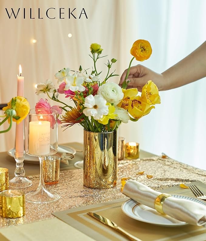 Gold Cylinder Vases for Centerpieces, Modern Glass Vase Set of 12 Decorative Hurricane Candle Holder for Pillar Candle Holders Flowers for Table Centerpiece