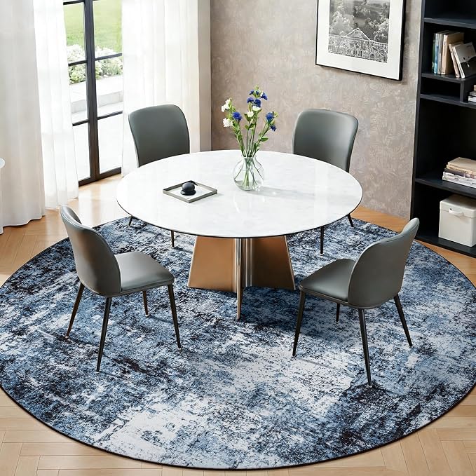 Rugflix Round Area Rugs 8Ft for Living Room, Washable Navy Blue Circle Rug | - Image 3