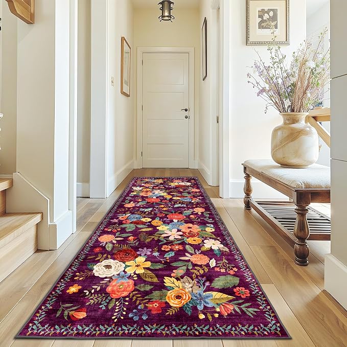Purple Floral Hallway Runner Rug 3x7 by WelcometoBabovid