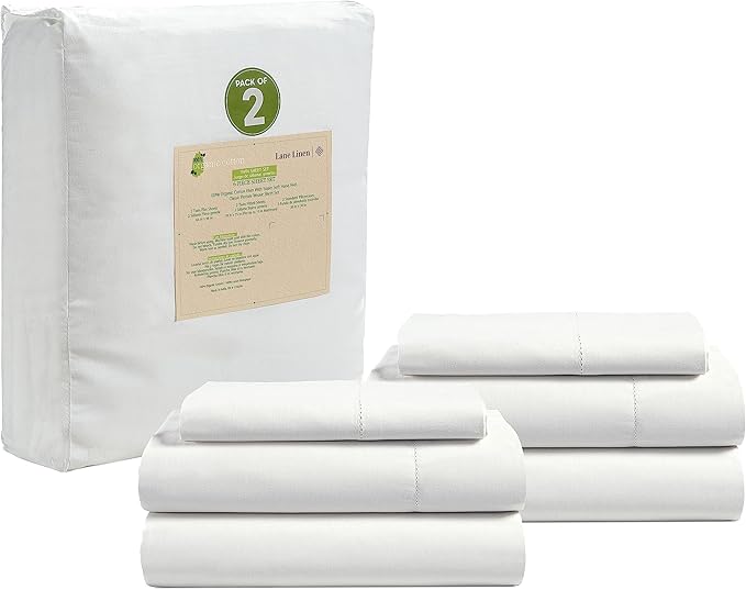 LANE LINEN 100% Organic Cotton White Twin XL Sheets Set, 3-Piece Pure Organic Cotton Percale Sheet, Extra Long Twin Sheets, Ultra Soft Bedding Sheet, Fits Mattress Upto 15" Deep - White (2Pack)