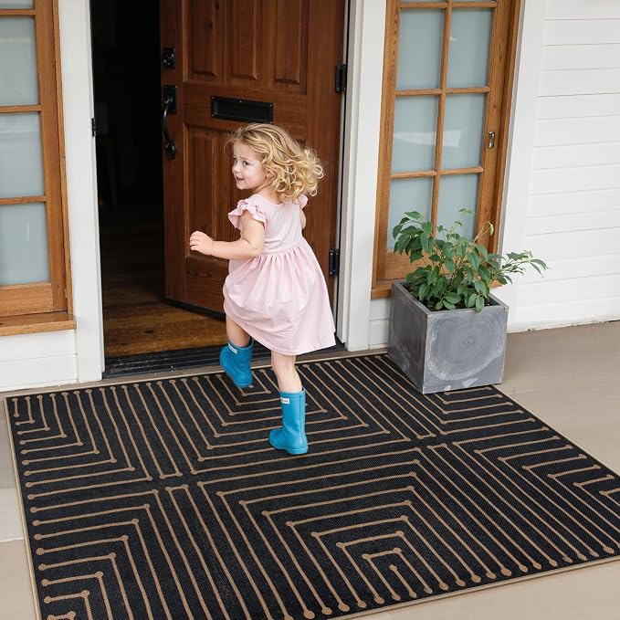 Lahome Black 3x5 Washable Rug, Neutral Easy Jute Entryway Front Porch Rug | - Image 2