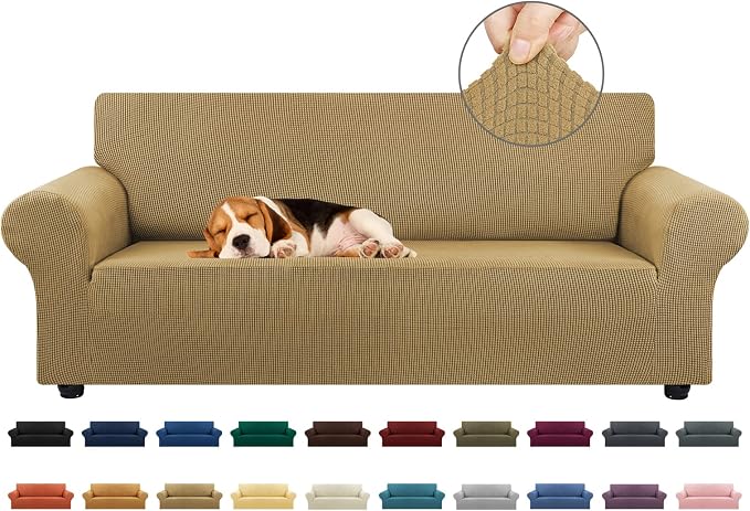 Stretch Couch Covers for Sofa, 3 Cushion Couch Slipcover, Tan | 1-Piece by KEKUOU
