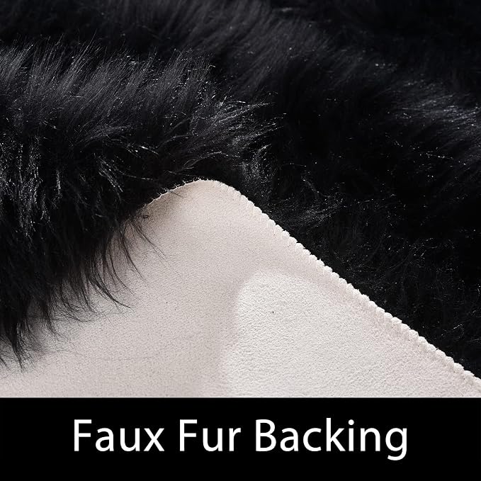 Latepis Black Faux Fur 4'x5'10" Area Rug, Soft Plush Faux Fur Sheepskin Rugs - Image 3