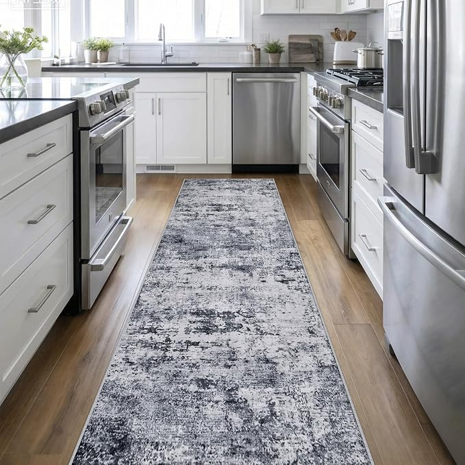 3x14 Washable Runner Rug：Modern Abstract Kitchen Soft Carpet Grey | by FXRHLP