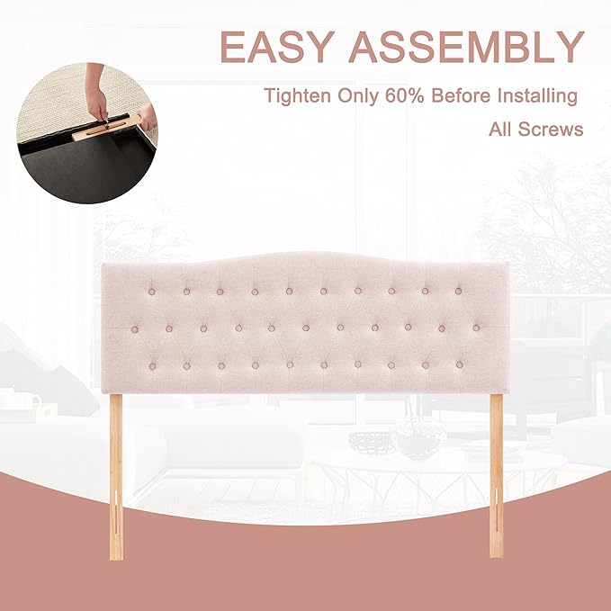 Tufted Upholstered Headboard Full Size, Sturdy and Durable Solid Wood Bed headboard, Fabric Headboard Adjustable Height from 37” to 51”, Modern Button Diamond Design Head Board, Pink