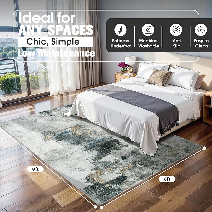 6x9 Area Rugs for Living Room Washable Bedroom Dining Room Black Gold | Modern - Image 2