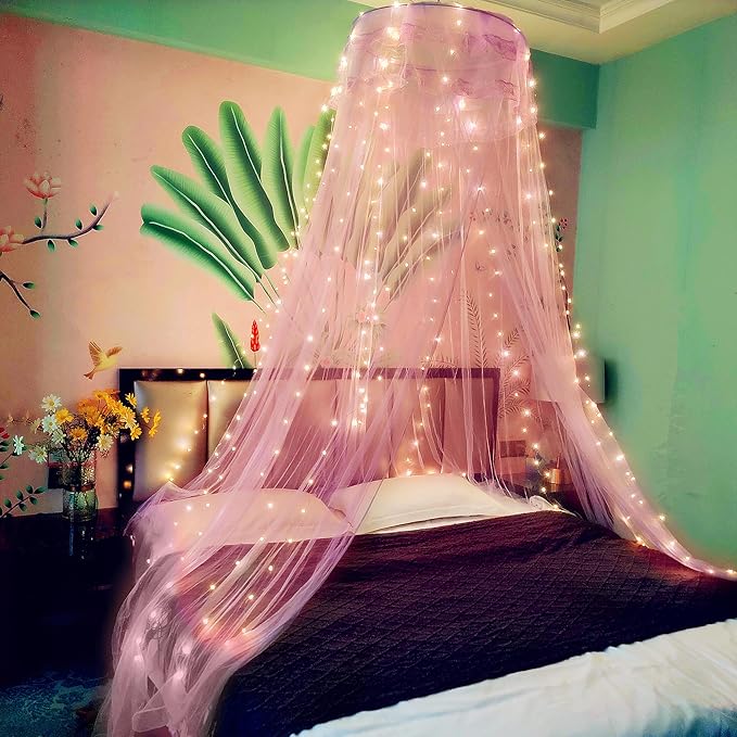 Eimilaly Lace Bed Canopy Mosquito Netting with Warm Lights, Princess Bed Canopy for Girls Room Decor, Pink/Single Door