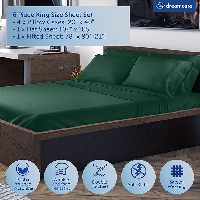 DREAMCARE King Size Sheets Set – 6 pcs Cooling Bed Sheets – up to 21” Deep Pocket King Sheet Set – 2500 Supreme Collection – Extra Soft 100% Brushed Microfiber Hotel Luxury with Side Pocket – E Green