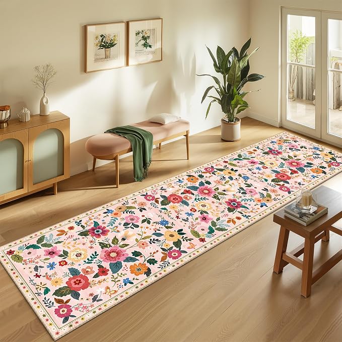 Floral Washable 2x10 Area Rugs Runner Entryway Hallway Pink | Flower Carpet - Image 2