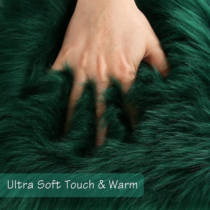 Emerald Green Faux Sheepskin Runner Rugs 2x6 ft, Fluffy Fur Couch Covers | Shag - Image 4