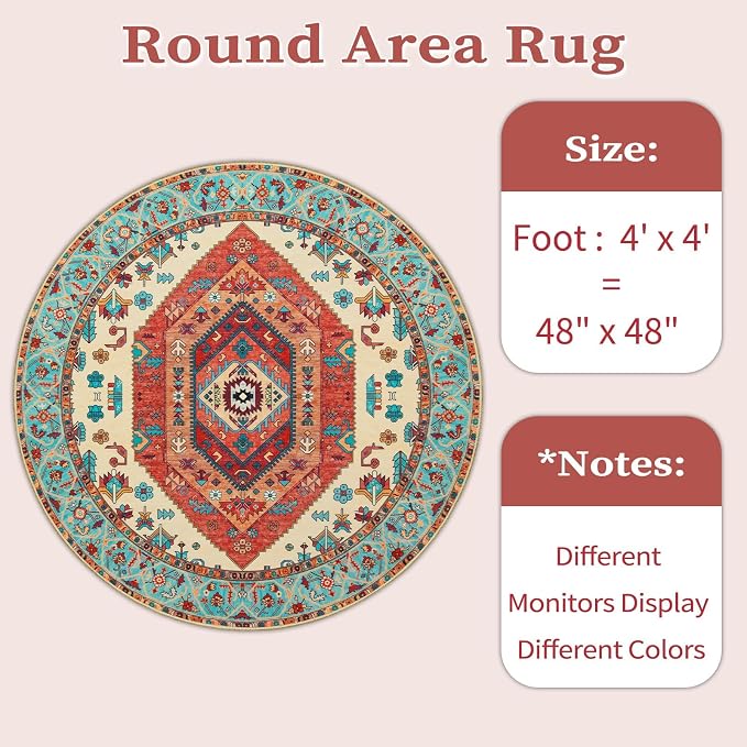 SERISSA 4ft Washable Non Slip Round Boho Area Rug - Image 6