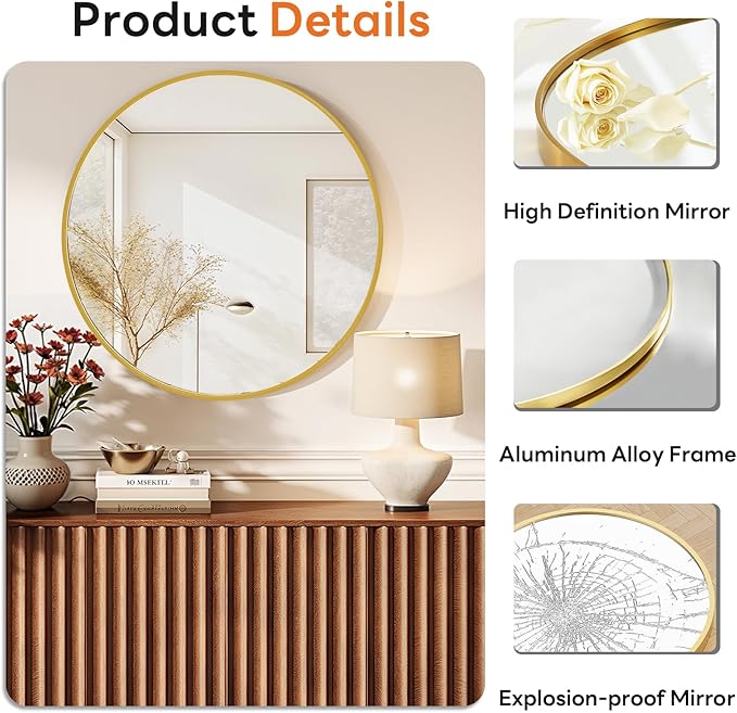 Sweetcrispy Round Bathroom Mirror 20 Inch Gold Metal Framed Wall Mounted Circle Vanity Mirror for Bathroom, Bedroom, Living Room, Entryway, Anti-Rust, Modern Decorative, Hanging or Leaning