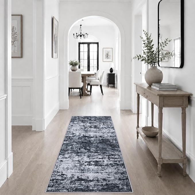 2x5 Washable Runner Rug：Modern Abstract Kitchen Carpet Black | by FXRHLP