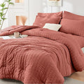 HYMOKEGE Coral California King Comforter Set Seersucker 7 Pieces, All Season Luxury Bed in a Bag for Bedroom, Bedding Set with Comforter, Sheets, Pillowcases & Shams