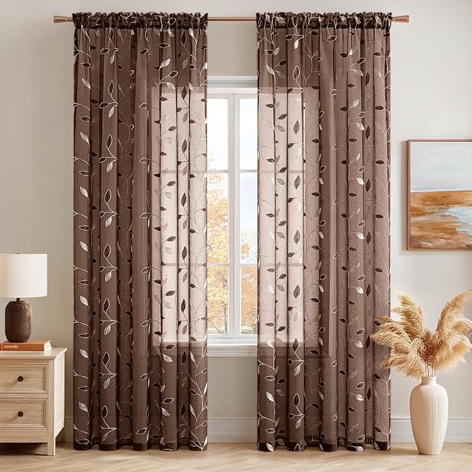 MIULEE Chocolate Brown Sheer Curtains 2 Panels Leaf Patterned, W52 x L96 | - Image 2