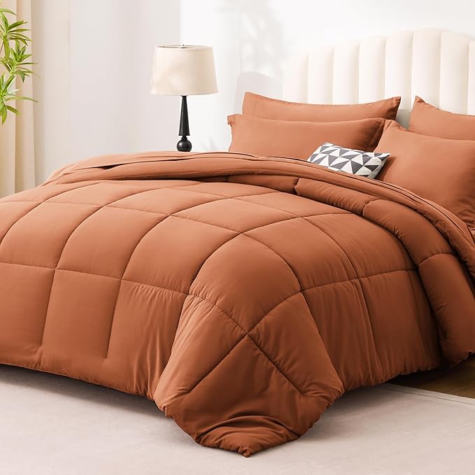 Love's cabin King Size Comforter Set Burnt Orange, 7 Pieces King Bed in a Bag, All Season Bedding Sets with 1 Comforter, 1 Flat Sheet, 1 Fitted Sheet, 2 Pillowcase and 2 Pillow Sham