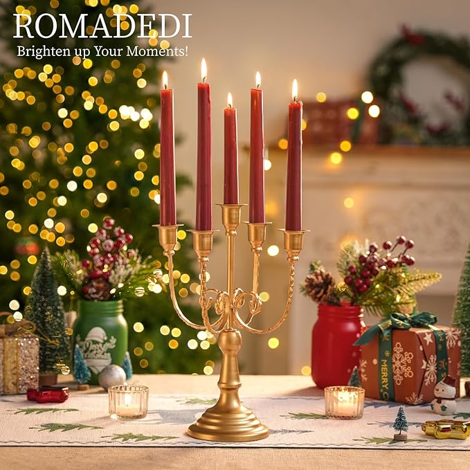 Romadedi Candelabra Gold Candle Holders - 5 Arm 11.8" Wedding Candlestick Holder for Theme Party Table Centerpiece Decor Dining Room Birthday Holiday Christmas, Set of 2