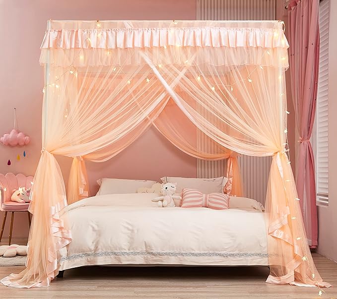 Mengersi Canopy Bed Curtains for Girls Kids - Bed Canopy for Girls Bed Drapes Mosquito Net - Cute Princess Bedroom Decoration Accessories(Full, Peach)