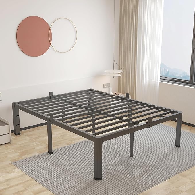 ROIL 12 inch Metal Queen Bed Frame with Rounded Corner and Headboard Hole Mattress Retainers 3500LBS Heavy Duty Steel Slats No Box Spring Needed Platform Noise-Free Easy Assemble