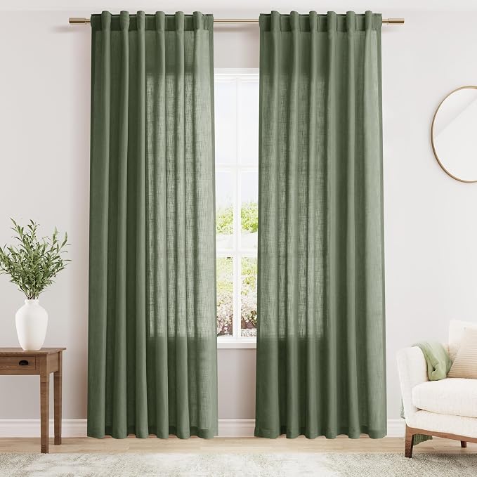Olive Green Linen Blend Drapes 84 Inch Length 2 Panels Set Back Tab Rod Pocket by Nanspring