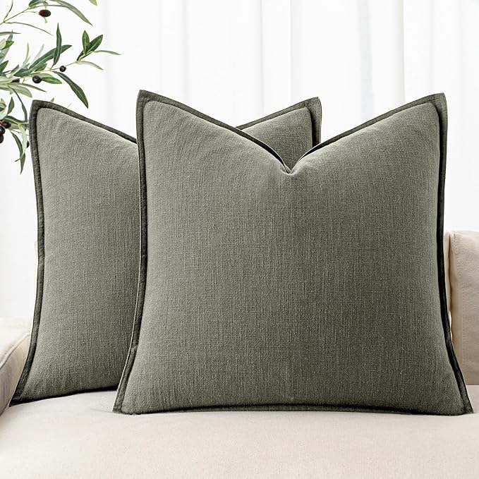 MIULEE Decorative Linen Pillow Covers 20x20 Inch Olive Green | Boho Farmhouse​ by MIULEE
