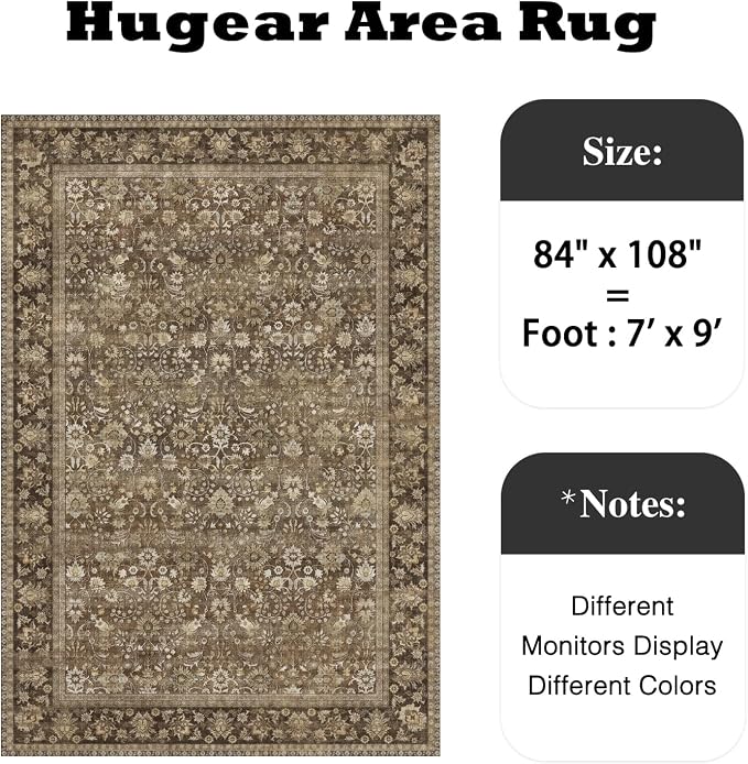 7x9 Brown Vintage Floral Washable Area Rug - Image 2
