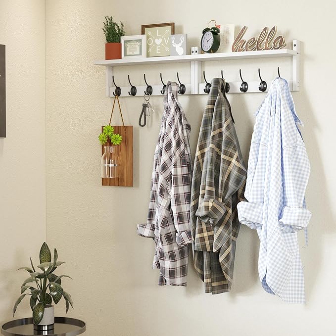 AMBIRD 34.2" L Wooden Wall Coat Hooks with Shelf - Versatile and Decorative Wall-Mounted Storage - 10 Hooks for Hanging Coats, Hats, Keys, Bags, Scarves - Ideal for Entryways, Bedrooms, Closets(White)