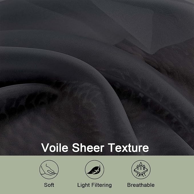 Black Sheer Curtains 72 Inches Long 2 Panels Set, Transparent Voile Sheer - Image 3