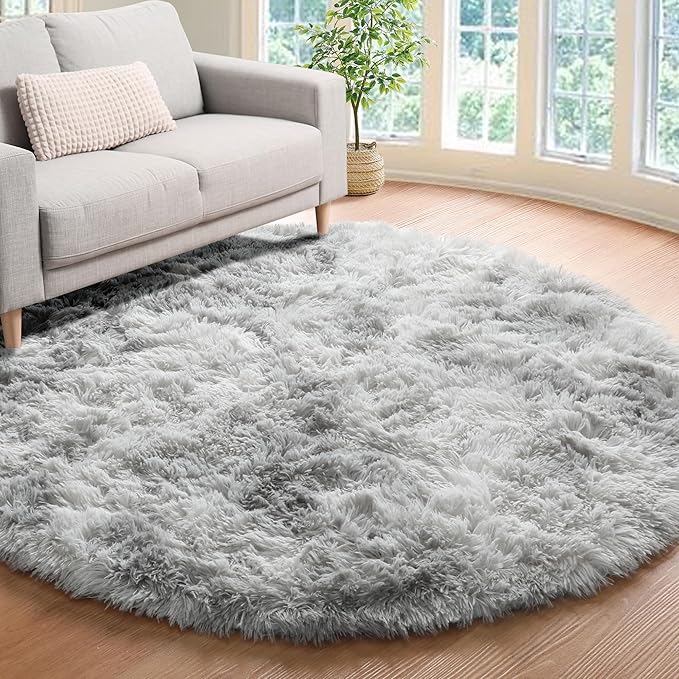 Tie-Dyed Light Grey Round Area Rug 4ft, Ultra Soft Bedroom Circle Rugs by ONASAR