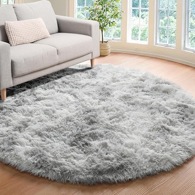 Round Rugs 5ft for Bedroom Living Room, Fluffy Tie-Dyed Light Grey Circle Area - Image 8