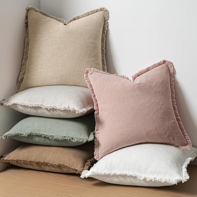 MIULEE Boho Linen Fringe Decorative Throw Pillow Covers Light Pink 18x18 | Set - Image 6