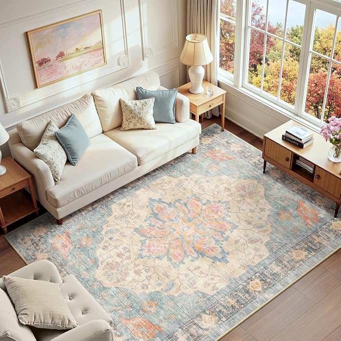 RELEANY Washable Area Rug, Water Repellent, Pet Friendly, Vintage Floral Boho by RELEANY