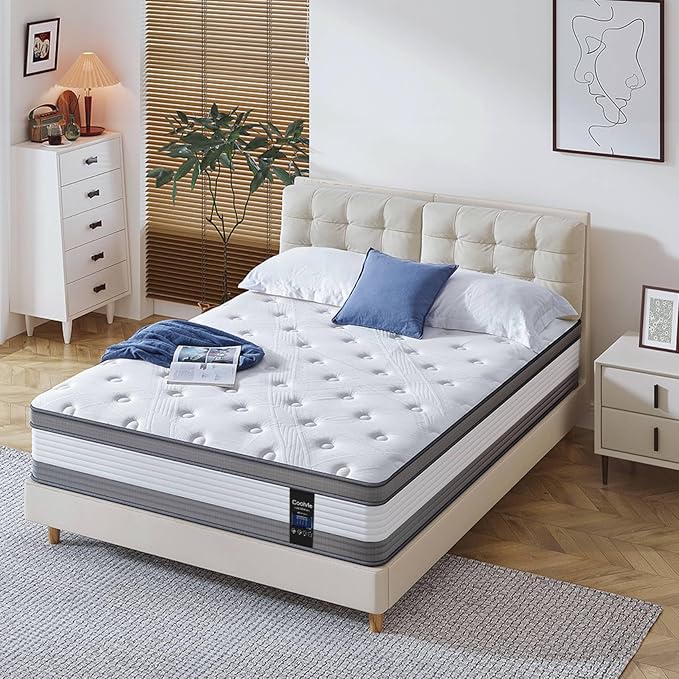 Coolvie Queen Mattress 12 Inch Queen Size Mattresses in A Box Hybrid Mattress Individual Pocket Springs Mattresses with Memory Foam Layer Medium Firm Provide Motion Isolation & Cool Sleep