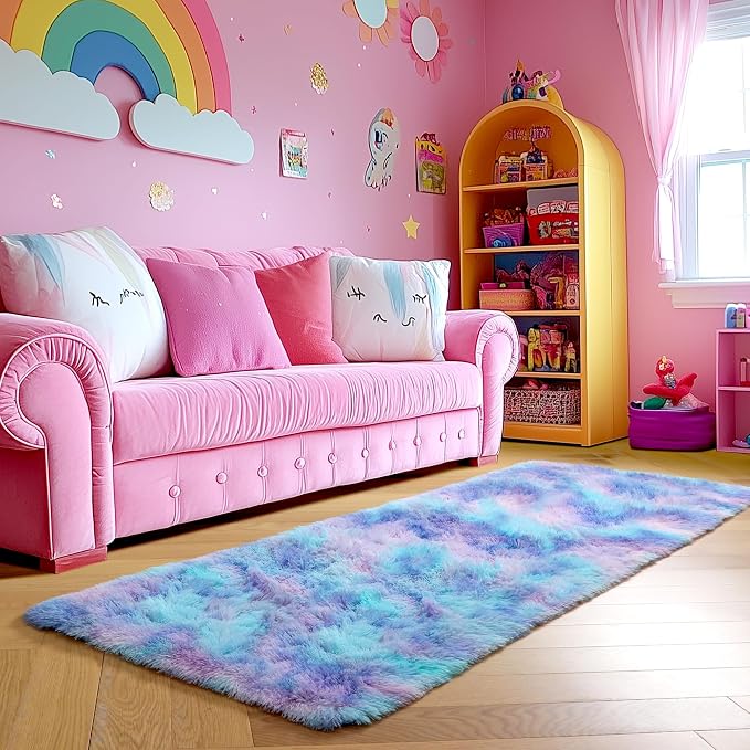 Amdrebio Purple Rainbow Mermaid Fluffy Runner Area Rug 2x6 - Image 8