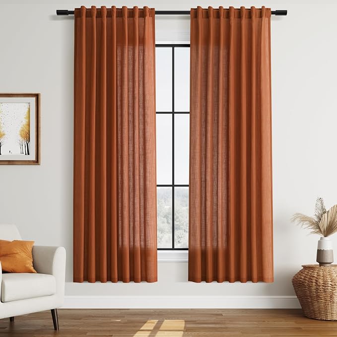 Rust Linen Curtains for Living Room 72 Inches Long Light Filtering Semi Sheer by Nanspring