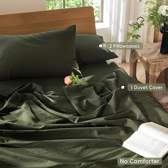 MooMee Bedding Duvet Cover Set 100% Washed Cotton Linen Like Textured Breathable Durable Soft Comfy (Solid Olive Green, Super King 108"x98")