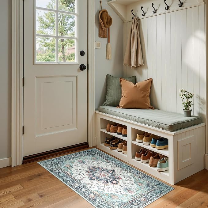 RELEANY Washable Area Rug, Small 2'x4', Teal Green/White/Navy | Non-Slip by RELEANY