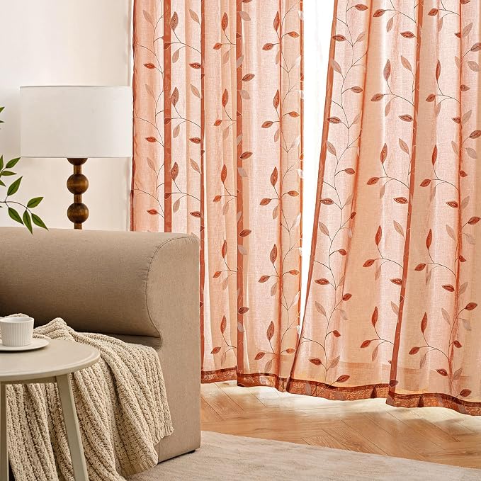 MIULEE Burnt Orange Sheer Fall Curtains 2 Panels Leaf Patterned, W52 x L84 | - Image 3