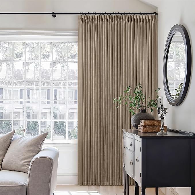 98 Inch Tan Brown Pinch Pleat Memory Trained Light Filter Linen Curtains | Semi - Image 8