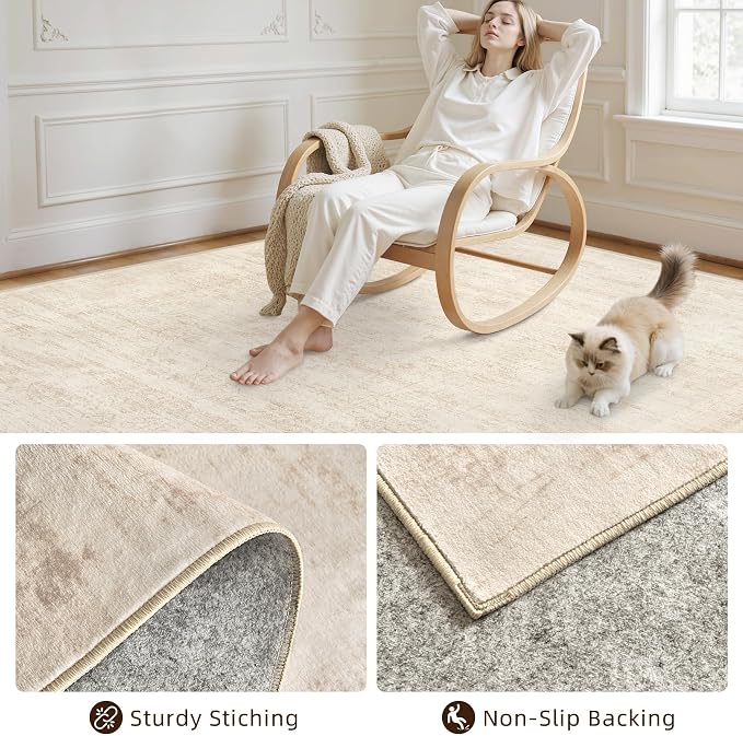 10x12 Area Rugs Living Room: Bedroom Washable Carpet Retro Beige | Large - Image 4